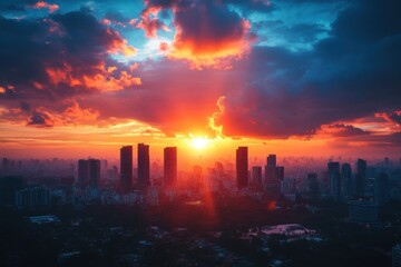 Fototapeta premium Gorgeous scenery, a metropolitan skyline at sunset, and a vivid sky Enchain. Generative Ai