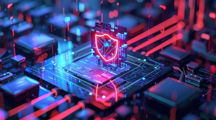 Obraz premium A red and blue glowing computer chip with a shield on top of it.