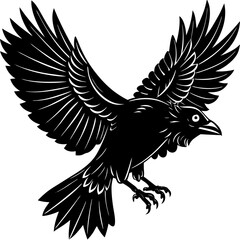Obraz premium A vector silhouette of a crow in flight, its wings flapping and beak open, 