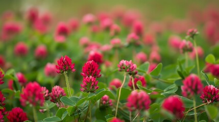 •  A field of red clover in full bloom, with vibrant red flowers dotting the green foliage.