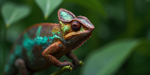 Fototapeta premium Colorful Chameleon Camouflaged on Green Leaf, Nature Wildlife, Generative AI
