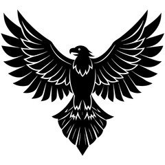 Obraz premium A vector silhouette of an eagle soaring with its wings fully spread, centered on a white background 