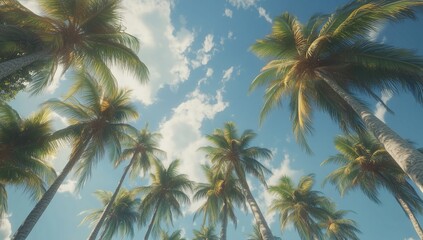 Palm Trees Against a Blue Sky with White Clouds on a Sunny Day in Tropical Island