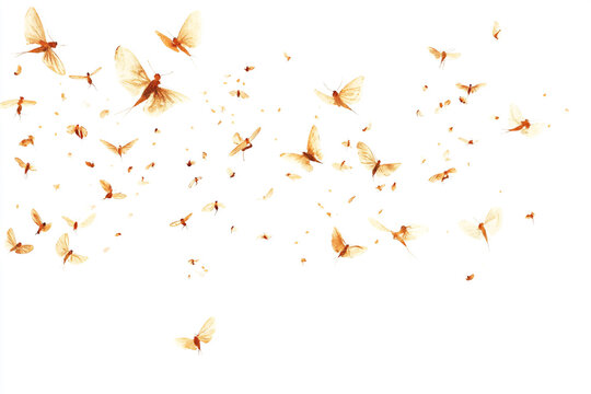 Flying mosquitoes on white background.