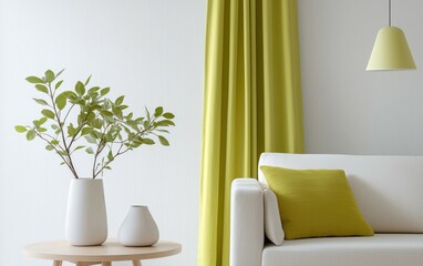 A minimalist living room interior featuring a light-colored sofa, chartreuse green curtains and throw pillow, and a textured white wall.  Two simple vases with greenery sit on a small wooden table