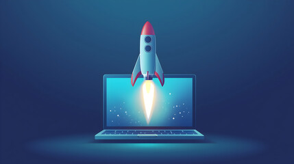 Rocket Emerges from the Screen of a Laptop, Symbolizing Innovation, Growth, and Creativity in Technology and Beyond, Depicted in Vibrant Colors Against a Dark Gradient Background.