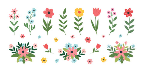 A chic collection of floral elements on a white background, showcasing various flowers, tulips, and greenery—perfect for weddings, invitations, greeting cards, posters, branding, and refined designs.