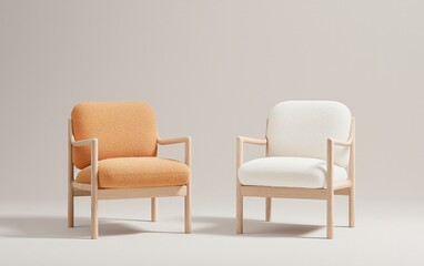 Fototapeta premium Two upholstered armchairs with light wood frames, one in orange and one in white, sit on a neutral background. 