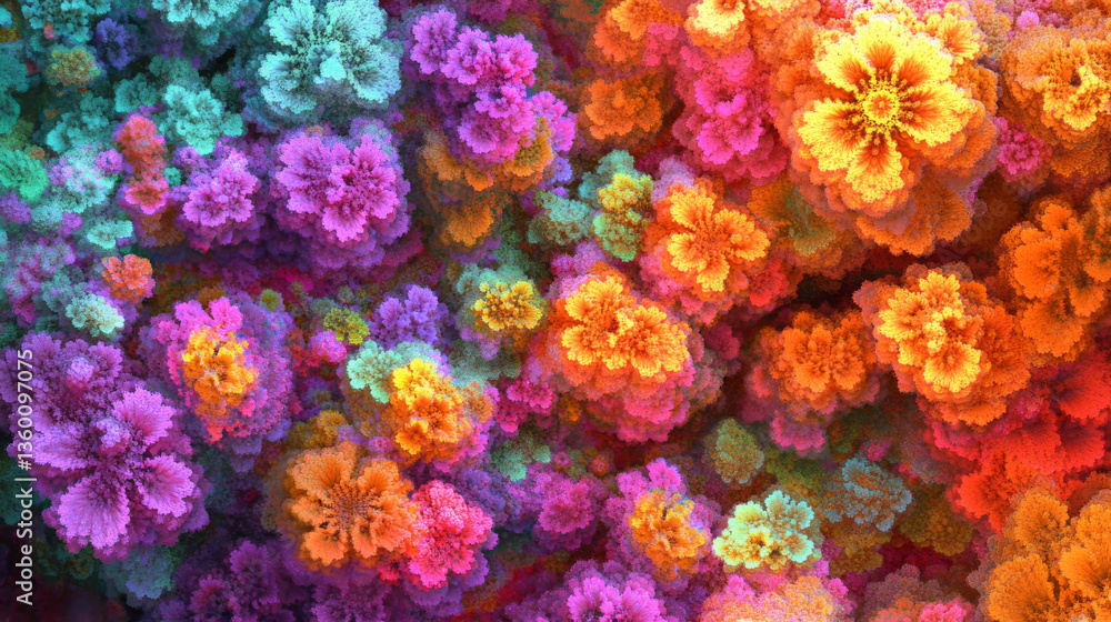 Poster a vibrant and chaotic fractal pattern forming an abstract 3d-rendered background, ideal for artistic