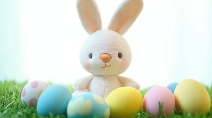 Adorable Stuffed Easter Bunny Surrounded by Vibrant Pastel Eggs on Lush Green Meadow, Isolated White Backdrop with Professional Color Grading and Intricate Details. Perfect for Holiday Greeting Cards,