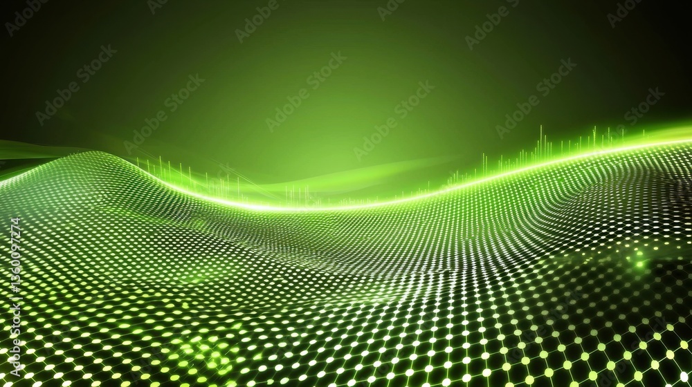Poster horizontal green abstract cellular background with a futuristic honeycomb pattern and glowing lights