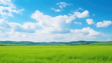 Fototapeta premium Nature scenic of green grass field and blue sky with white clouds clear sky background. Generate AI