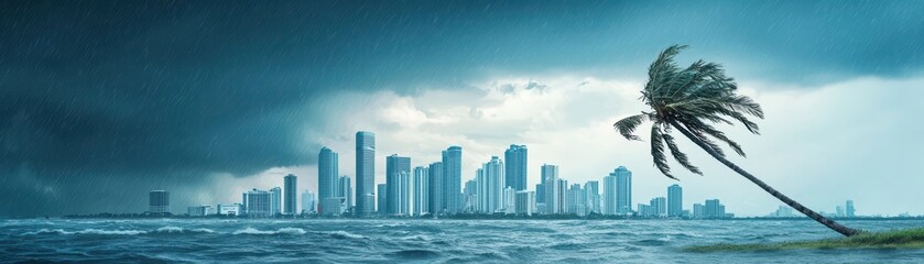 City skyscrapers under dark clouds and strong winds