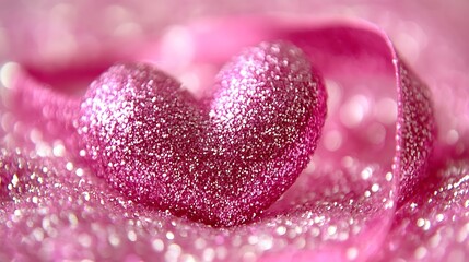 Fototapeta premium A sparkly pink heart rests gently on a satin ribbon