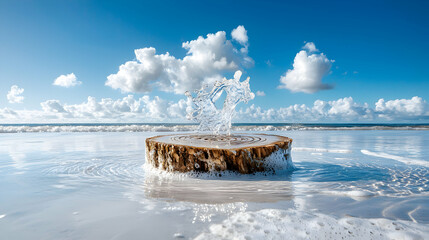 A serene beach scene featuring a tree stump and a water splash. A great visual for nature or environmental themes. Ideal for desktop wallpapers or promotional materials.