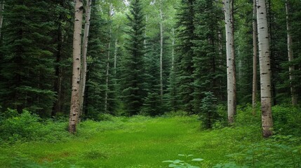 Fototapeta premium Vibrant aspen forest with lush green grass under a bright sky and majestic mountains in the background