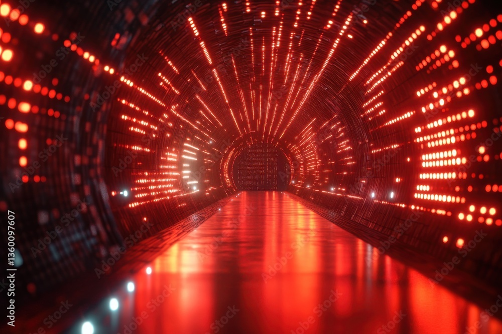 Fototapete the red tech tunnel abstraction patterns of digital code cover the walls and floors. modern matrix d