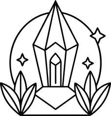 Minimalist Crystal Outline Design with Stars and Leaves on White Background Isolated