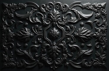 Dark vintage floral texture pattern background. Ornate swirl vine leaves elegant design element. Black hi-res art deco scroll metal steel iron abstract graphic seamless wallpaper. Perfect for web