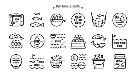 Fish farm icons set. Editable stroke. Set of fish farm icons. Simple vector illustration for mobile concept and web design.