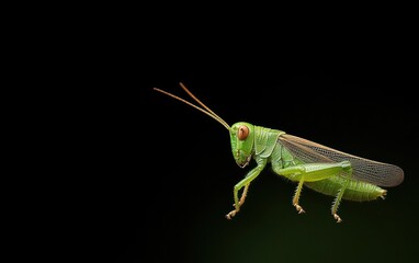 Fototapeta premium Close-up of a green grasshopper against a black background. The grasshopper is in sharp focus, while the background is completely dark. The image has a macro feel
