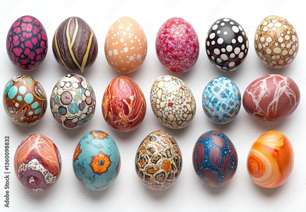 Poster colorful handcrafted easter eggs displayed on white background with intricate patterns and designs, 