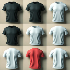 T-shirt template with various designs and colors on a white background