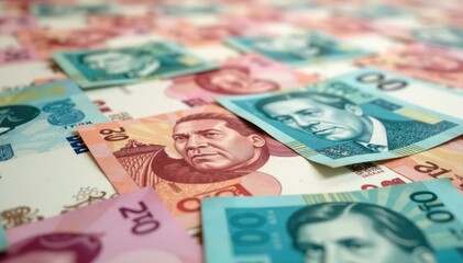 Obraz premium Soft focus pile of banknotes, repeating pattern , repeat, cash, currency