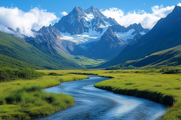 Majestic Mountain Valley with Peaks and Winding Streams: Awe-Inspiring Landscape