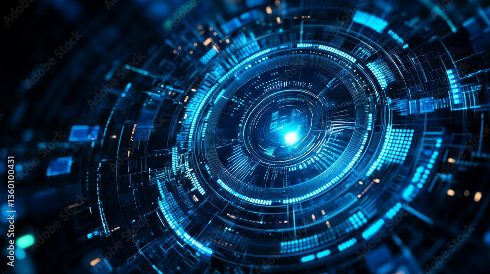 Poster an abstract blue tech interface with a circular digital design, perfectly suited for modern and futu