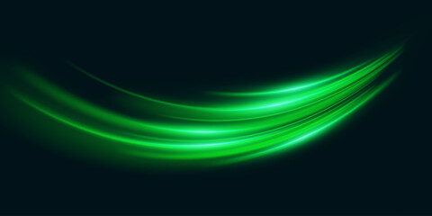 Green glowing speed lines. Light trail and vortex effect.