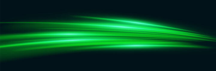Green glowing speed lines. Light trail and vortex effect.