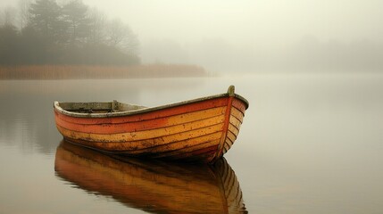 Fototapeta premium Calm lake, old boat, misty morning