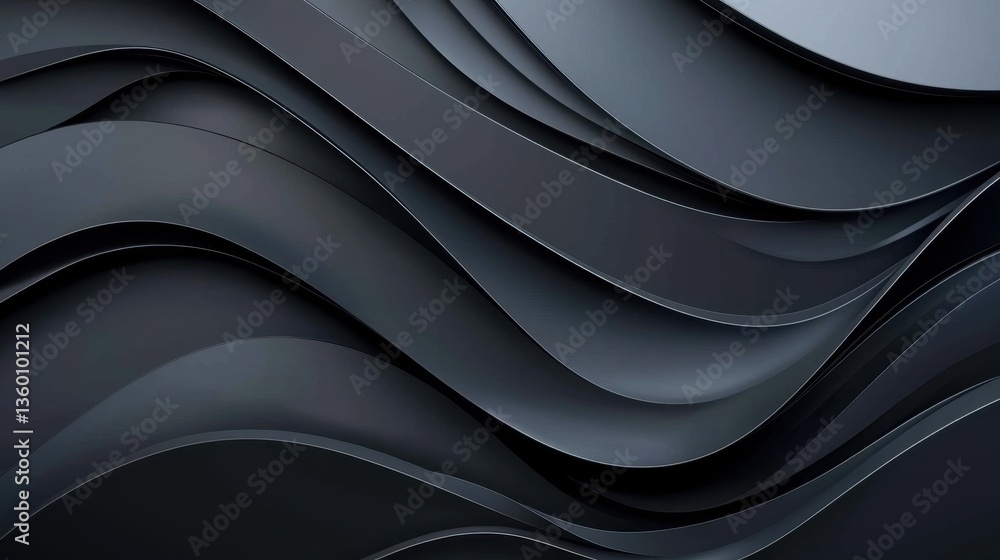Poster minimalistic 3d flow gradient shapes in black and grey tones, creating a sleek and modern design.