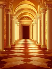 Majestic golden hallway with ornate columns leading to a dark door, reflecting elegance and grandeur