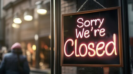 sorry we're closed concept. Neon sign indicating a business is closed to customers.