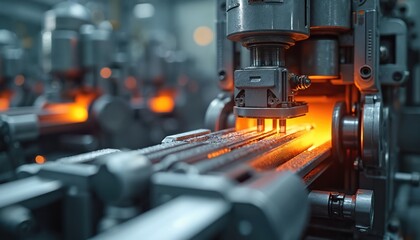 Fototapeta premium Close-up of high-tech glass manufacturing machine in action. The image highlights intricate mechanics, glowing heat of the glass processing. Factory industrial process. Automation tech.