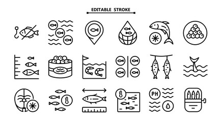 Fish farm icons set. Editable stroke. Color set of fish farm icons. Simple vector illustration for mobile concept and web design.