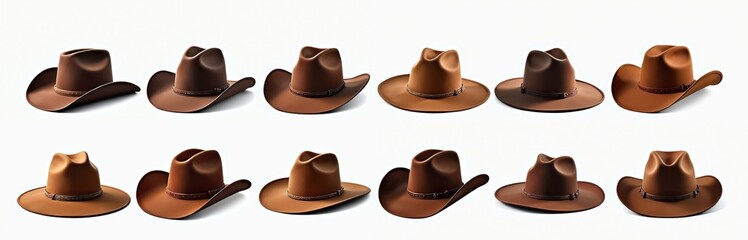 Set cowboy hats on white background. Brown hats, western wear accessories. Ranch style headwear, fashion design elements for projects. Cut-out images for advertising, print materials.