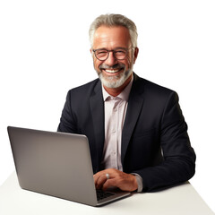 Happy mature man working on laptop in a modern office setting isolated on white background