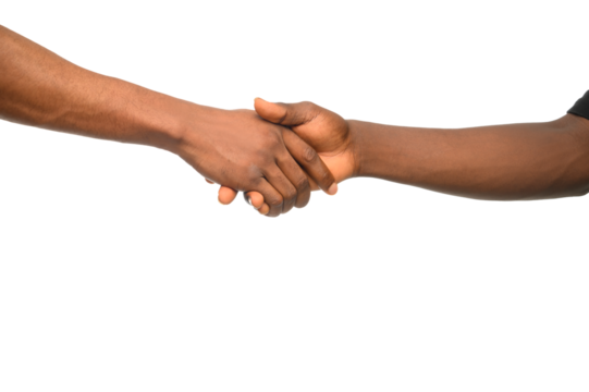 Two individuals engage in a firm handshake, symbolizing unity, agreement, and trust. Their hands meet in a gesture of mutual respect, cooperation, and partnership against a clean, neutral background.