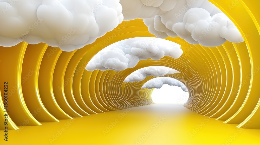 Poster modern minimalistic 3d yellow background with surreal white clouds softly drifting through an arched