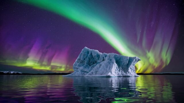 Majestic iceberg under vibrant northern lights reflecting on arctic waters