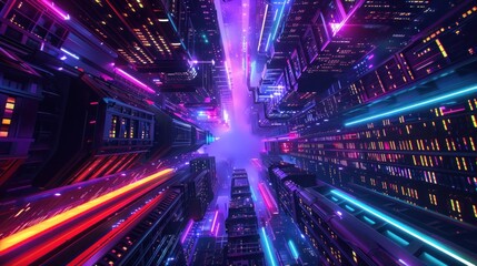 From below view of cyberpunk future city building with blue and purple neon light. AI generated