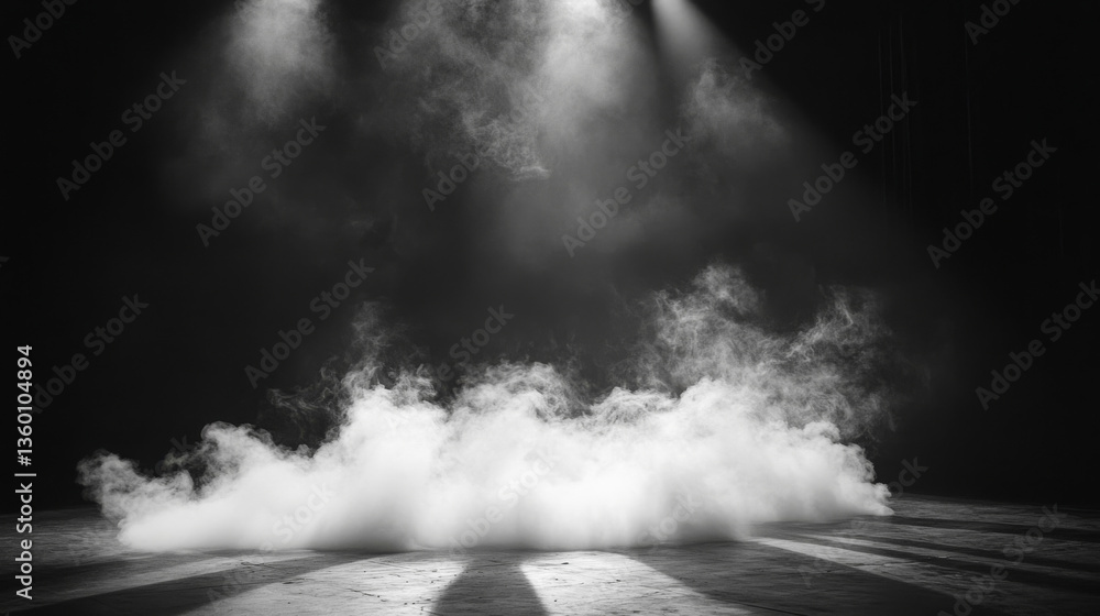 Poster thick white smoke or fog spreading across the floor in a dark setting, creating a mysterious atmosph