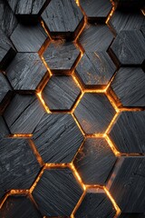 Charred wood panels forming honeycomb pattern with amber lighting