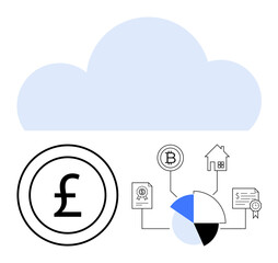 Cloud over icons for pound currency, pie chart, bitcoin, property, financial certification. Ideal for fintech, data storage, blockchain, investment digital economy wealth distribution flat simple