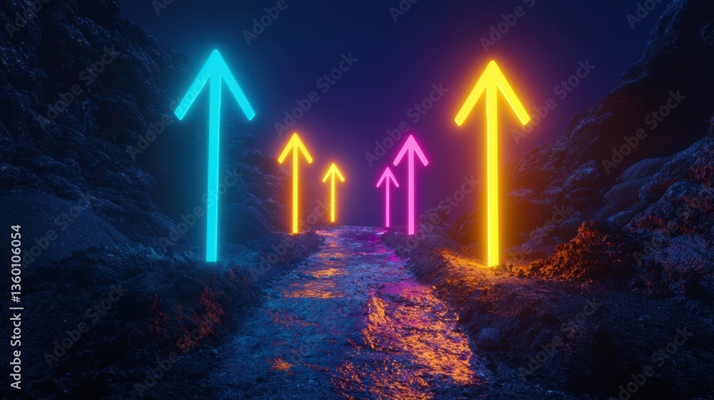 Poster neon-lit arrows moving forward in a cyberpunk-inspired setting, creating a futuristic atmosphere