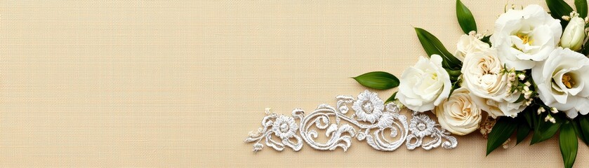 Fototapeta premium Elegant floral arrangement with white roses and lace