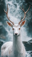 Majestic White Deer with Antlers Against Misty Backdrop